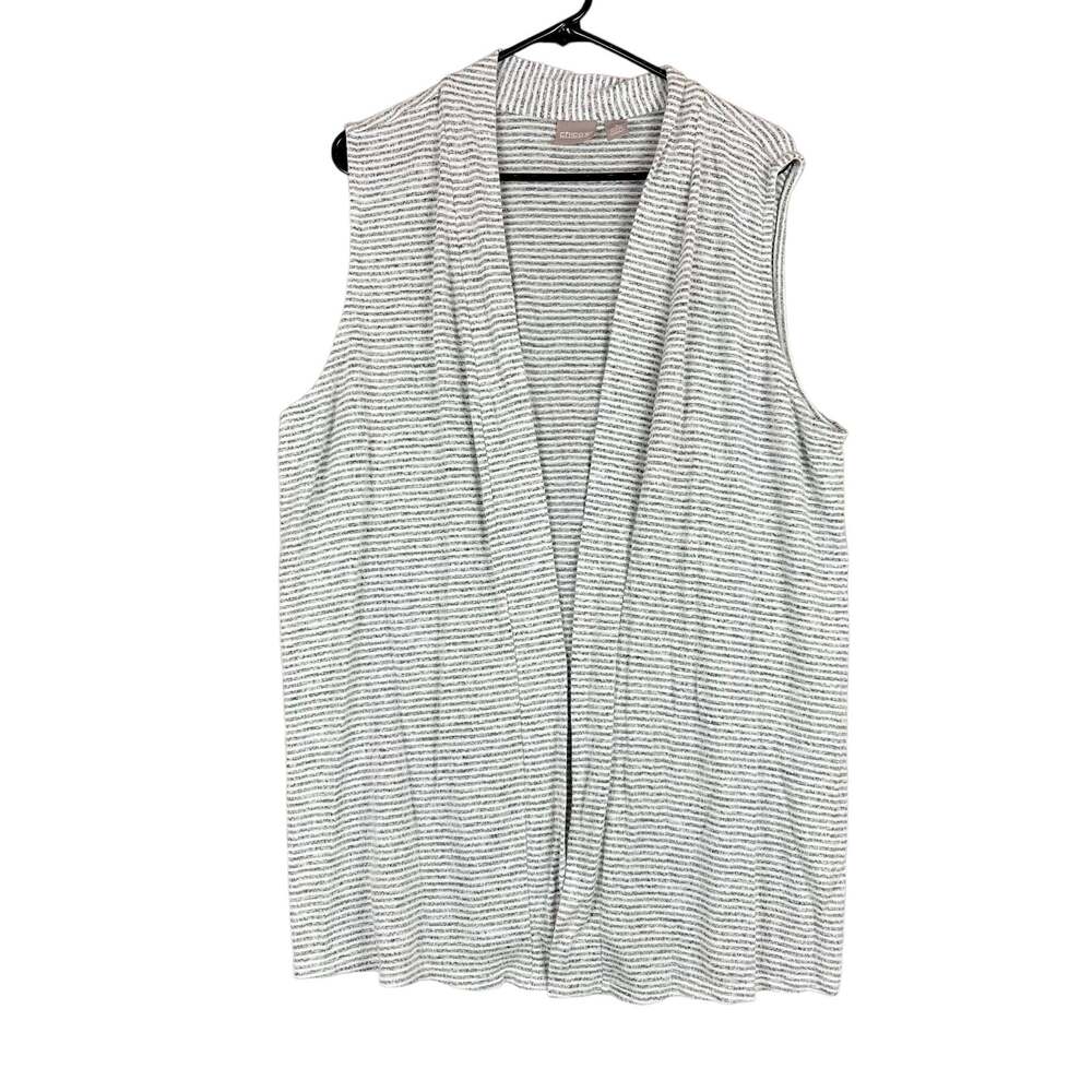 Chicos Womens Sweater Gray White Stripe Cardigan Open Front Sleeveless 3 (XL)